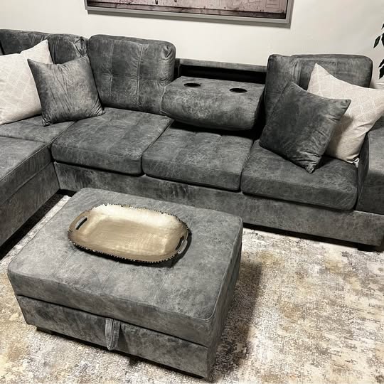 Grey Sectional with Cupholder Console & Storage Ottoman
