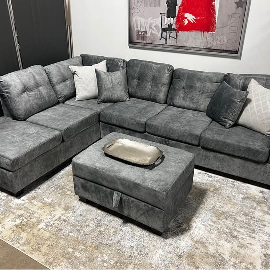 Grey Sectional with Cupholder Console & Storage Ottoman