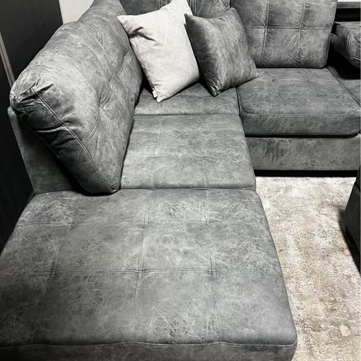 Grey Sectional with Cupholder Console & Storage Ottoman