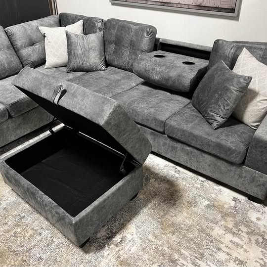 Grey Sectional with Cupholder Console & Storage Ottoman
