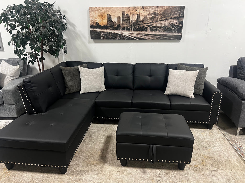 Faux Leather Sectional with Pull-Out Cupholders & Storage Ottoman