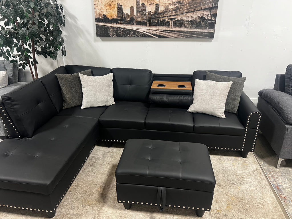 Faux Leather Sectional with Pull-Out Cupholders & Storage Ottoman