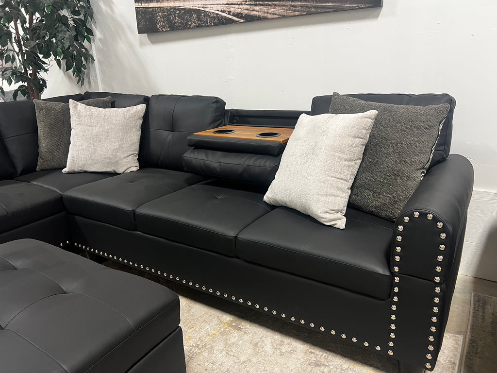 Faux Leather Sectional with Pull-Out Cupholders & Storage Ottoman