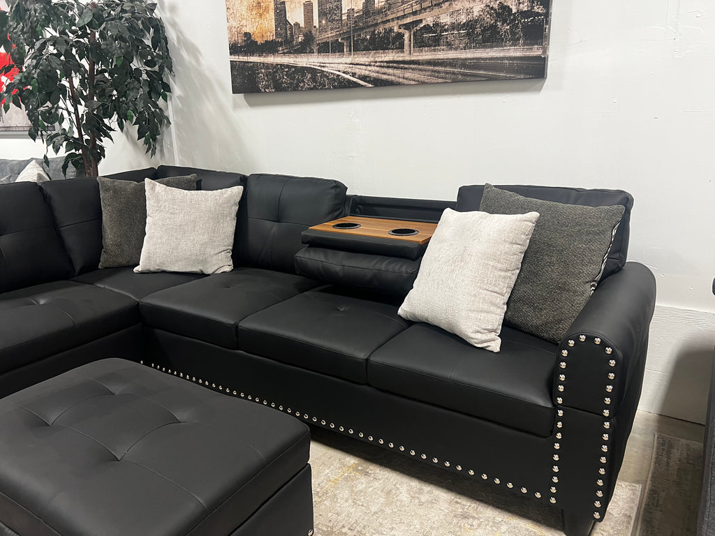 Faux Leather Sectional with Pull-Out Cupholders & Storage Ottoman