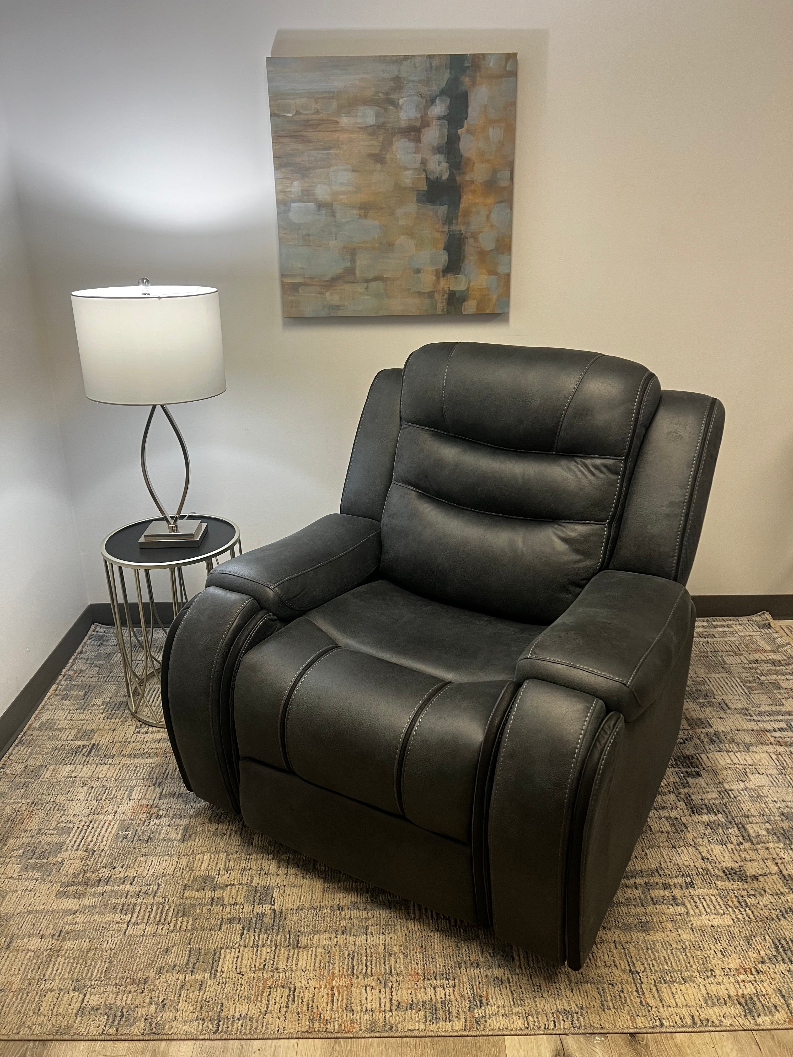 Charcoal Recliner with Cup Holders – Soft Fabric & Full Support