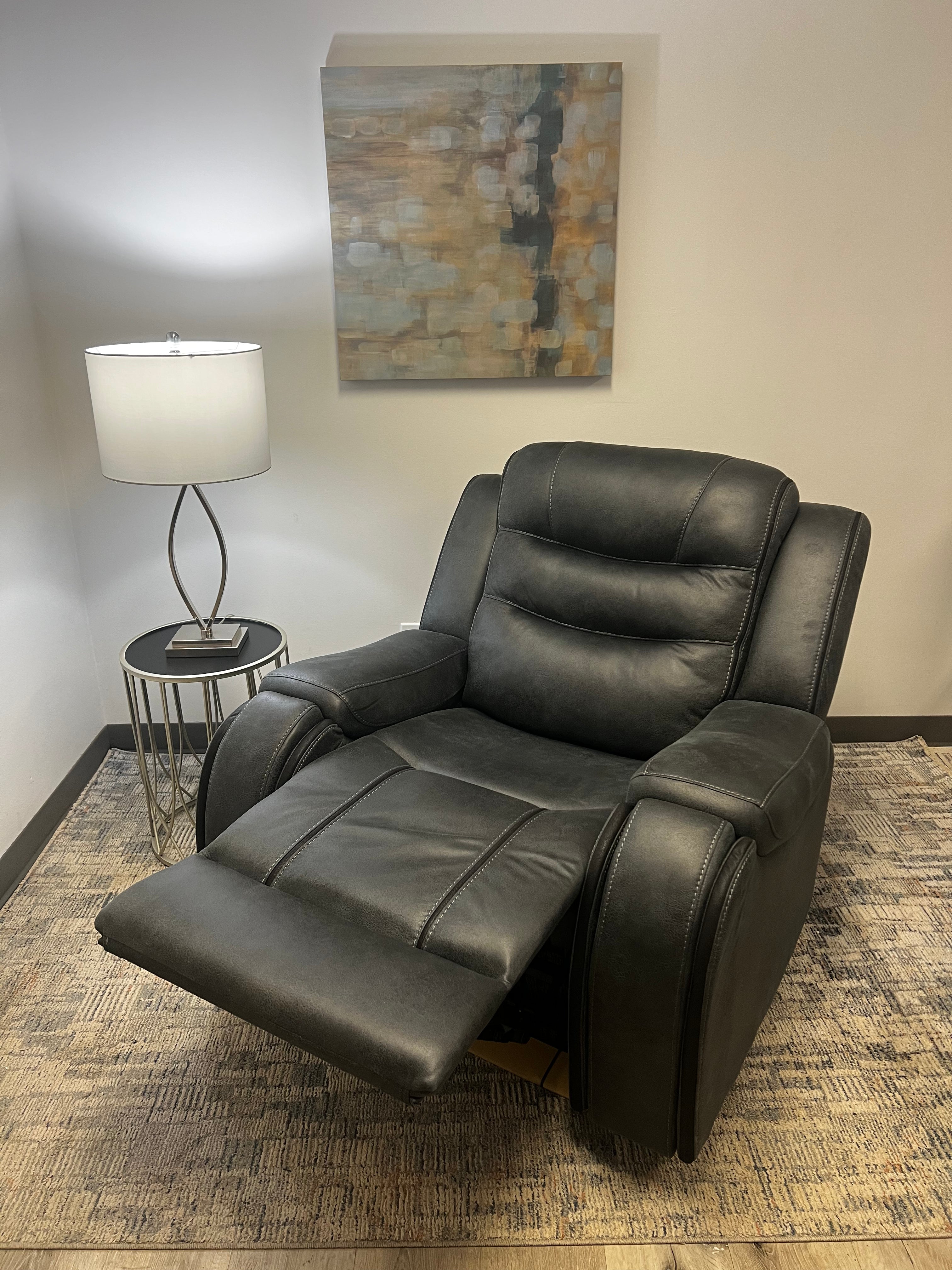 Charcoal Recliner with Cup Holders – Soft Fabric & Full Support