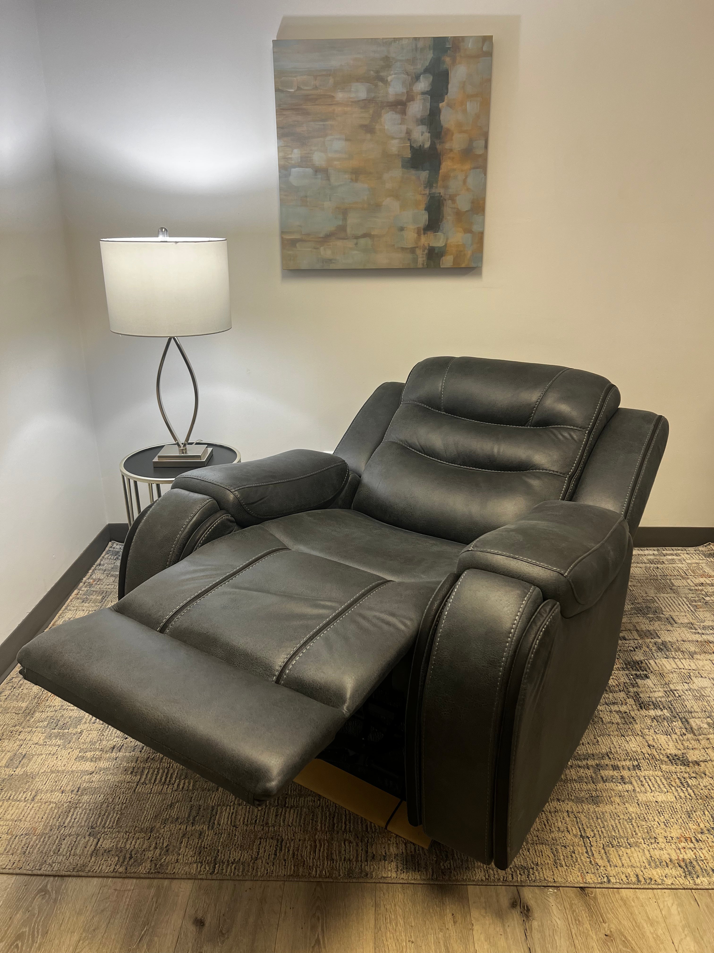 Charcoal Recliner with Cup Holders – Soft Fabric & Full Support