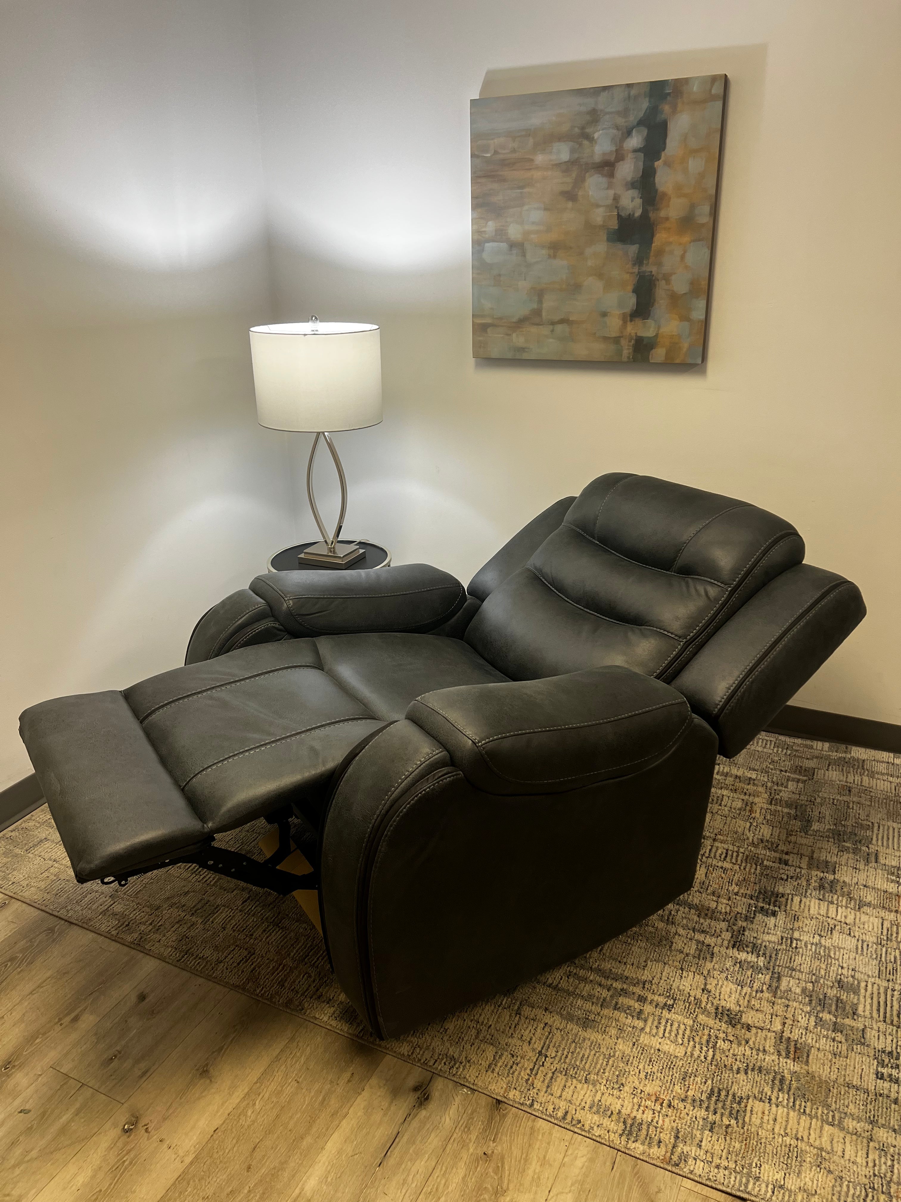 Charcoal Recliner with Cup Holders – Soft Fabric & Full Support