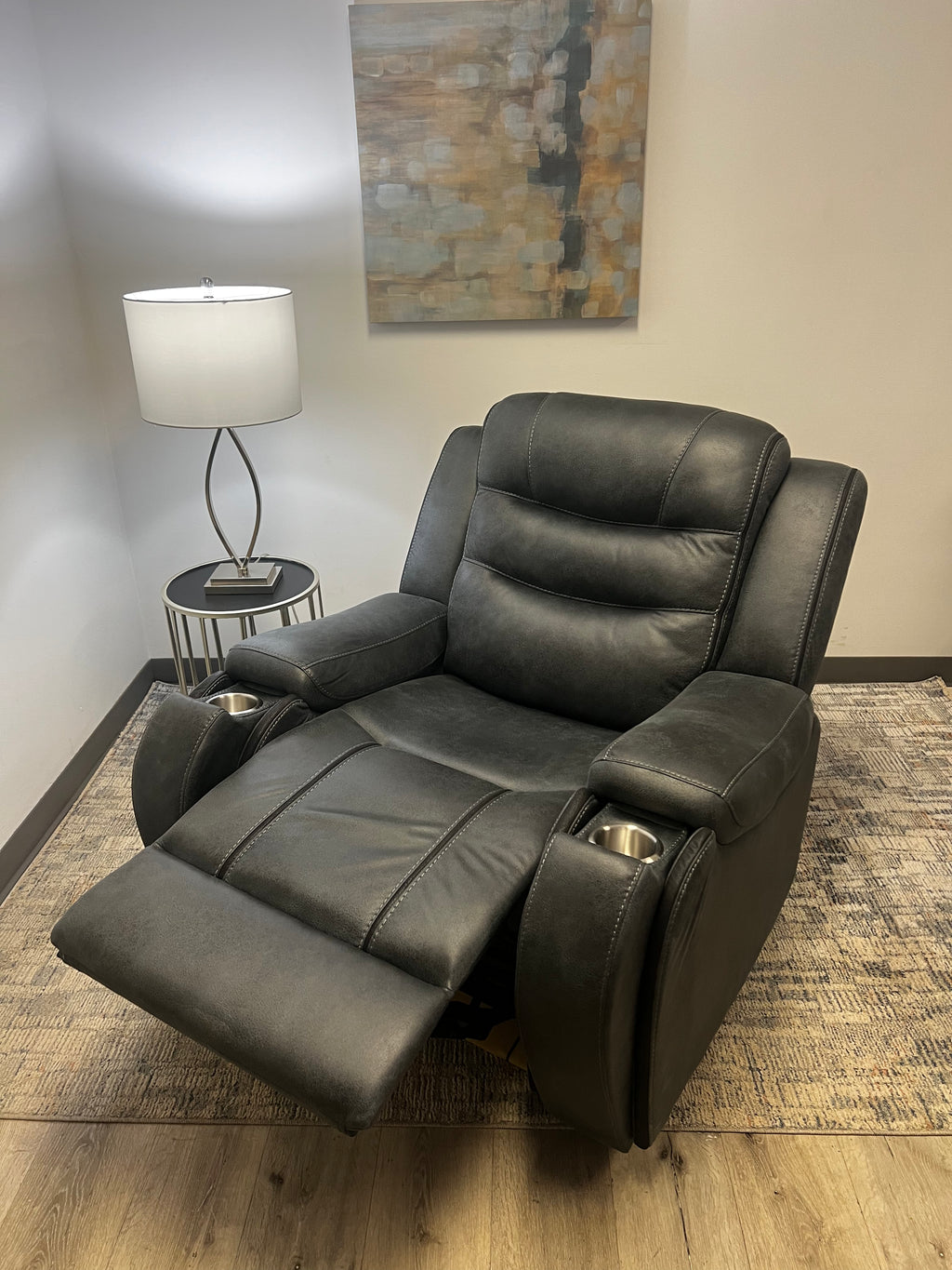 Charcoal Recliner with Cup Holders – Soft Fabric & Full Support
