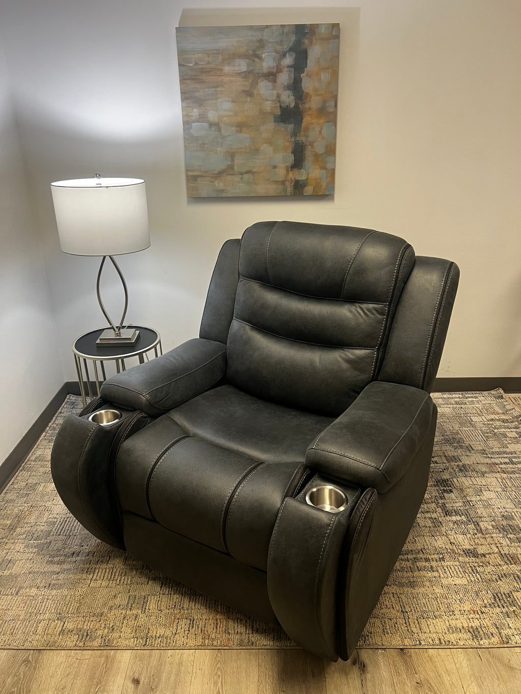 Charcoal Recliner with Cup Holders – Soft Fabric & Full Support