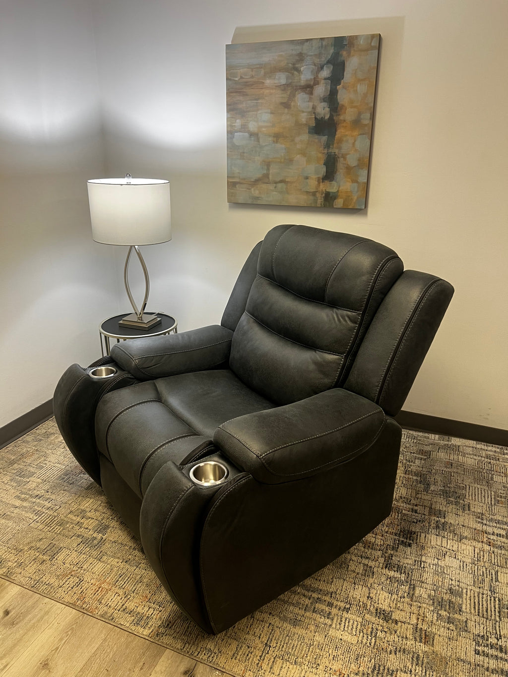 Charcoal Recliner with Cup Holders – Soft Fabric & Full Support