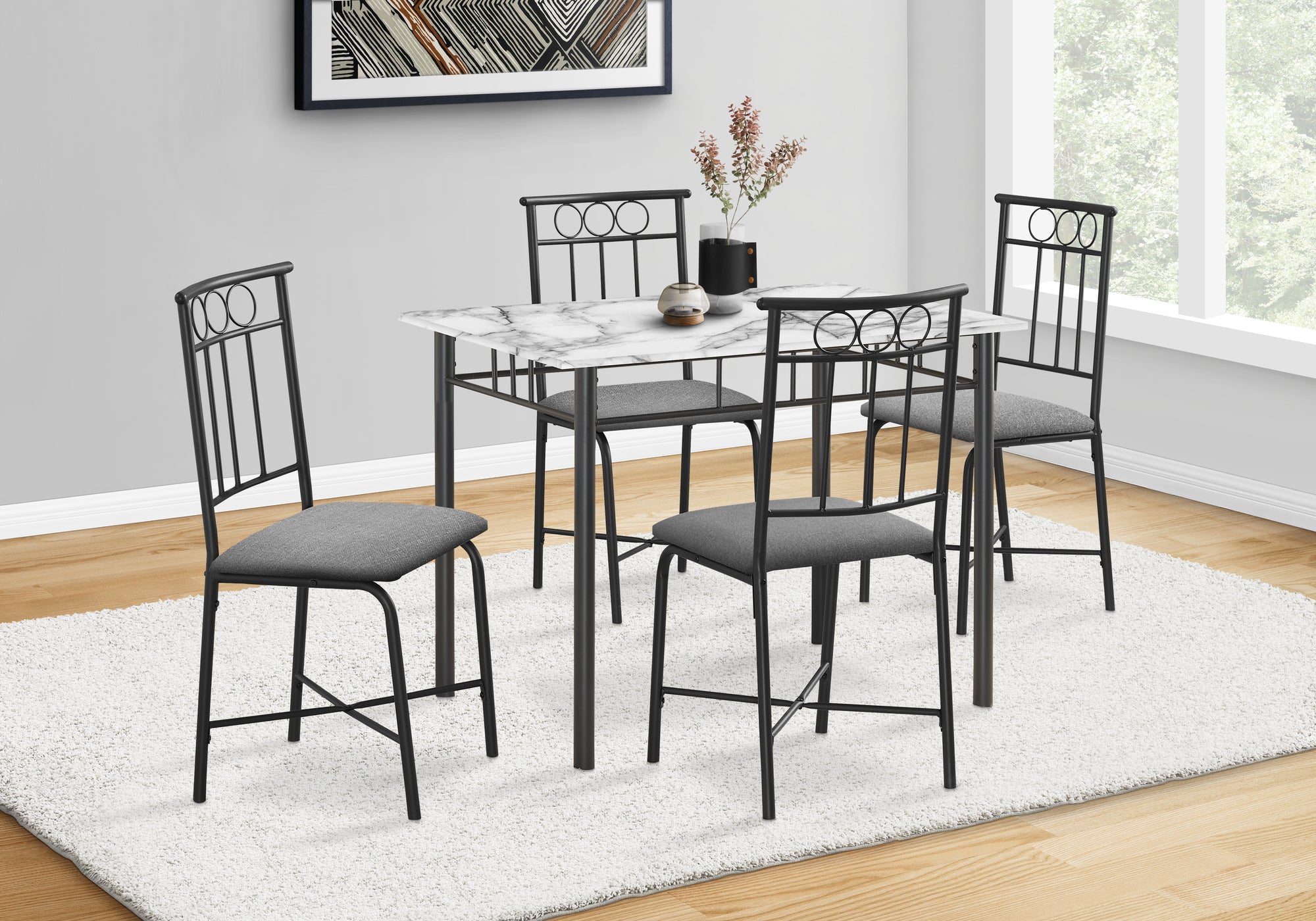 DINING SET - 5PCS SET / WHITE MARBLE TOP / BLACK METAL