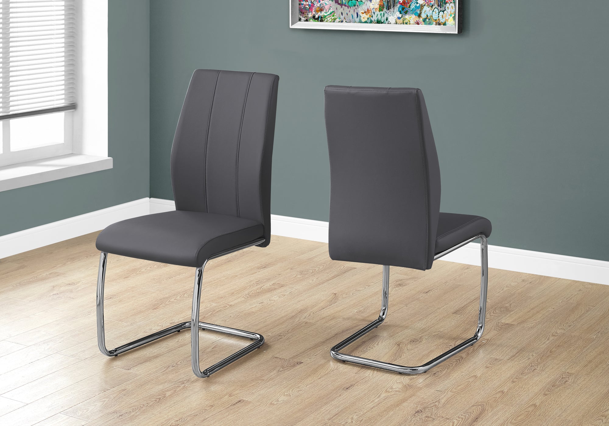 DINING CHAIR - 2PCS / 39""H / GREY LEATHER-LOOK / CHROME
