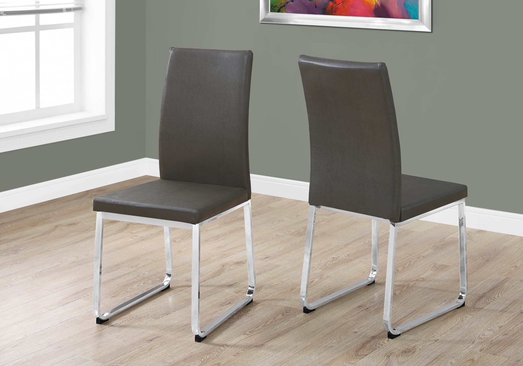 DINING CHAIR - 2PCS / 38""H / GREY LEATHER-LOOK / CHROME
