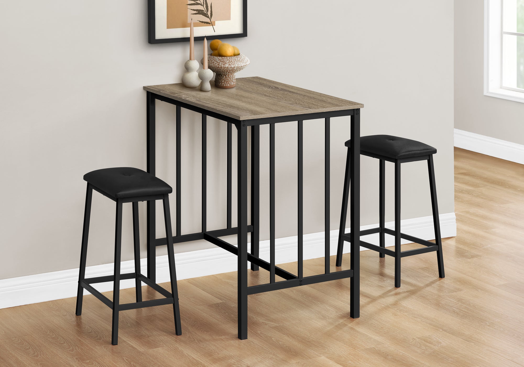 DINING SET - 3PCS COUNTER HEIGHT DARK TAUPE / BLACK METAL