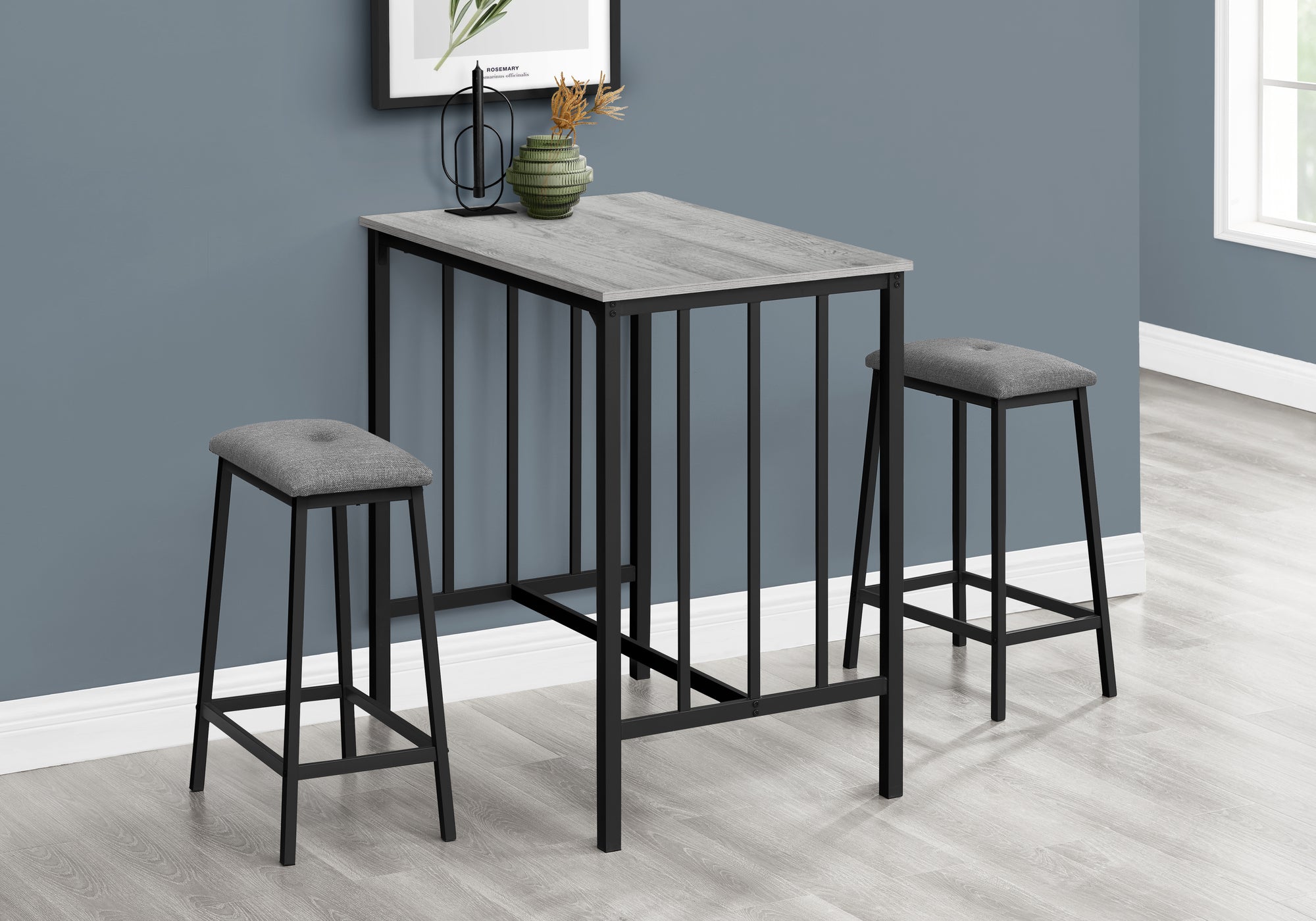 DINING SET - 3PCS COUNTER HEIGHT / GREY TOP / BLACK METAL
