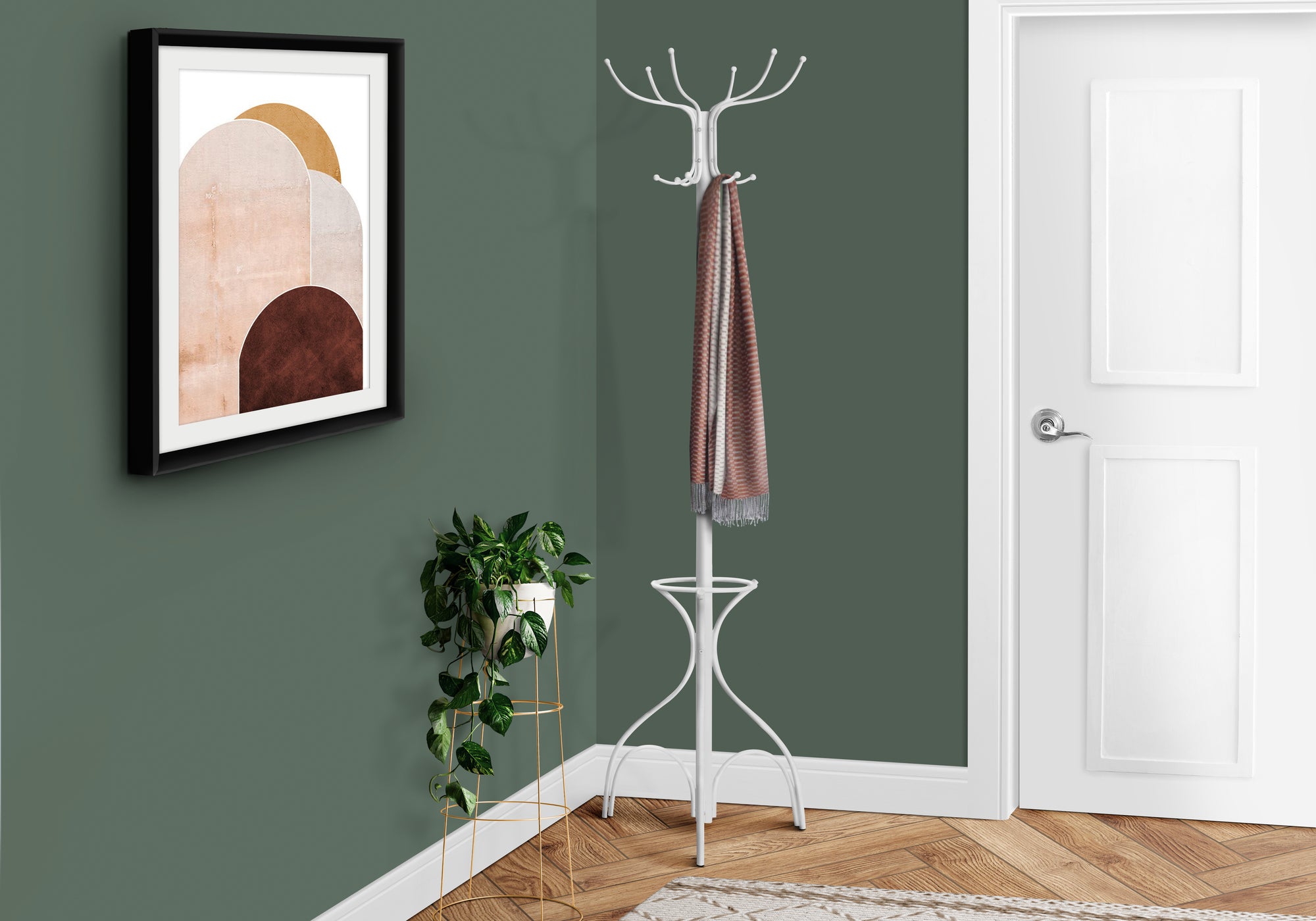 COAT RACK - 70""H / WHITE METAL WITH AN UMBRELLA HOLDER