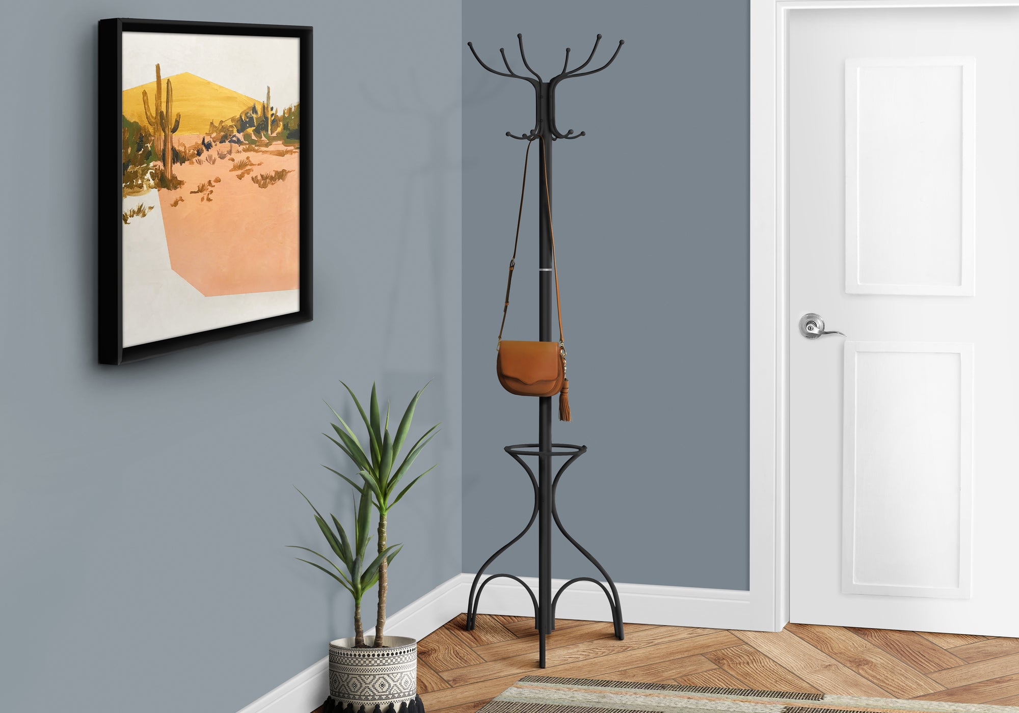 COAT RACK - 70""H / BLACK METAL WITH AN UMBRELLA HOLDER