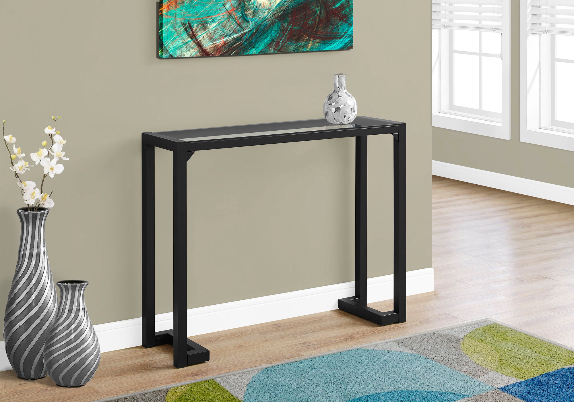 ACCENT TABLE - 42""L / BLACK / TEMPERED GLASS HALL CONSOLE