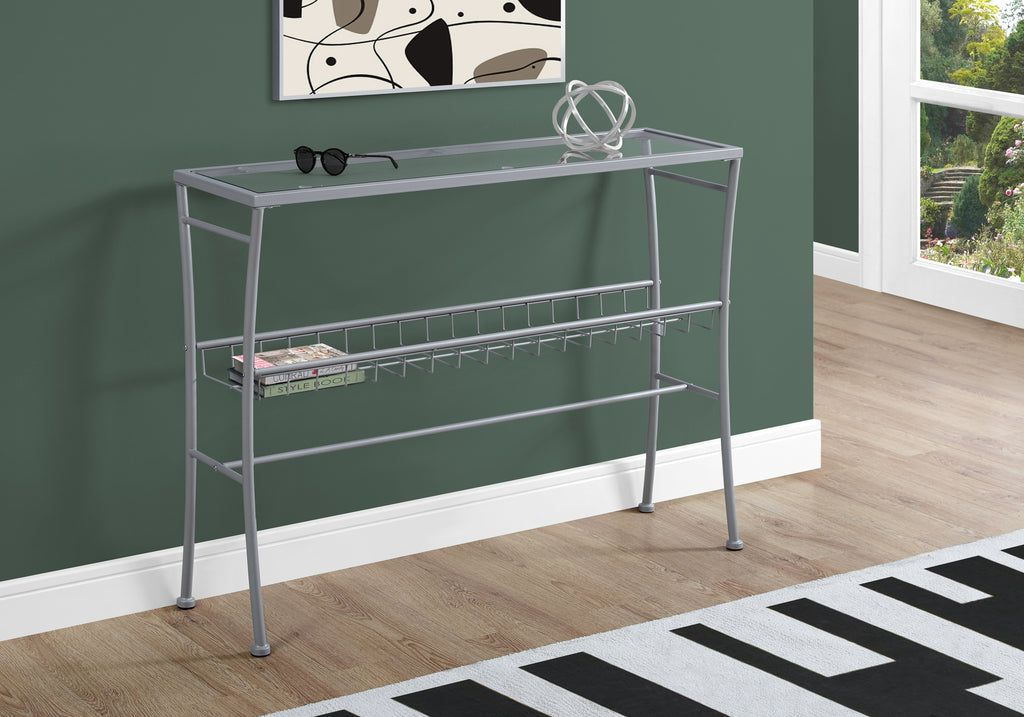 ACCENT TABLE - 42""L / SILVER /TEMPERED GLASS HALL CONSOLE