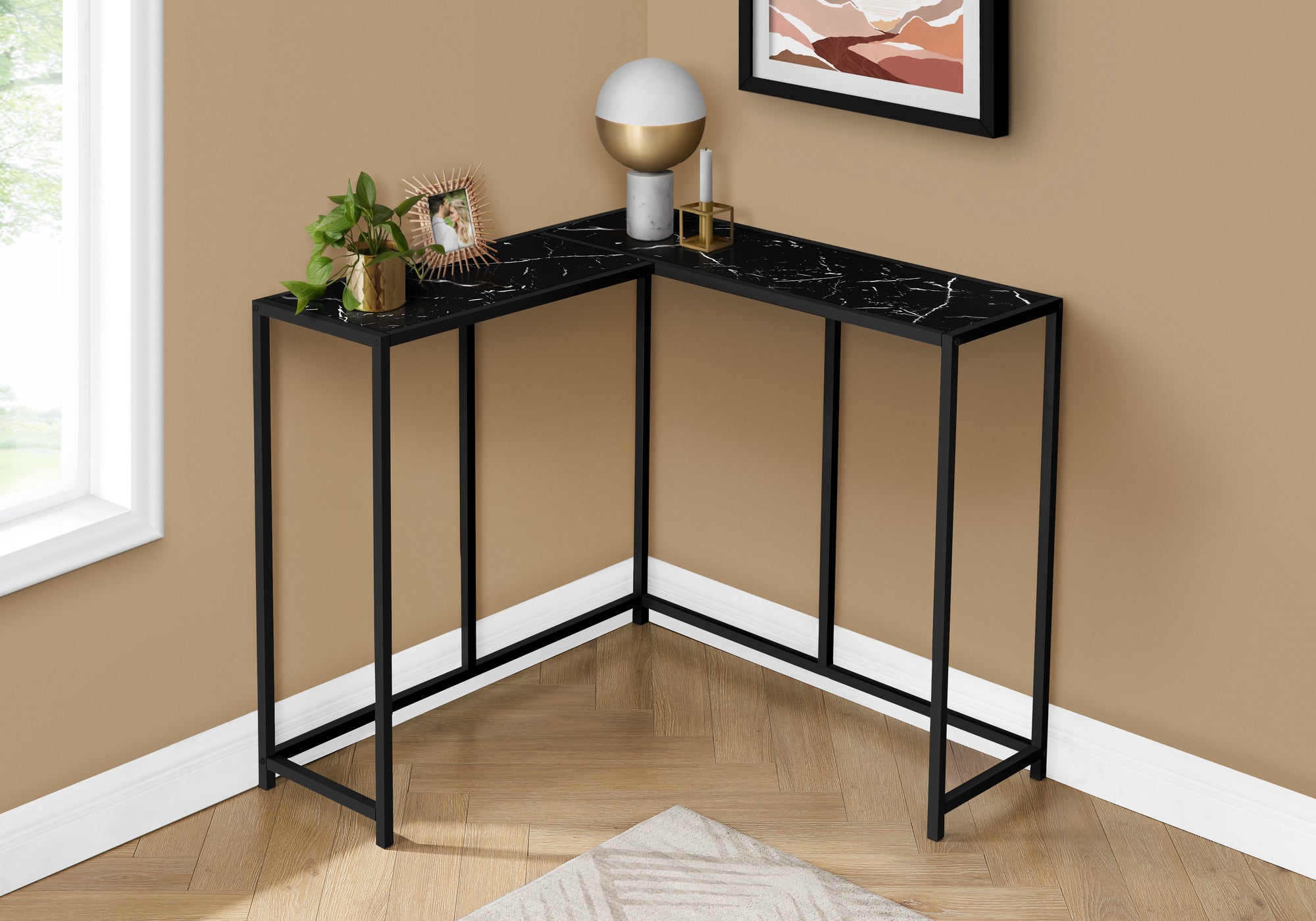 ACCENT TABLE - 36""L / BLACK MARBLE / BLACK CORNER CONSOLE