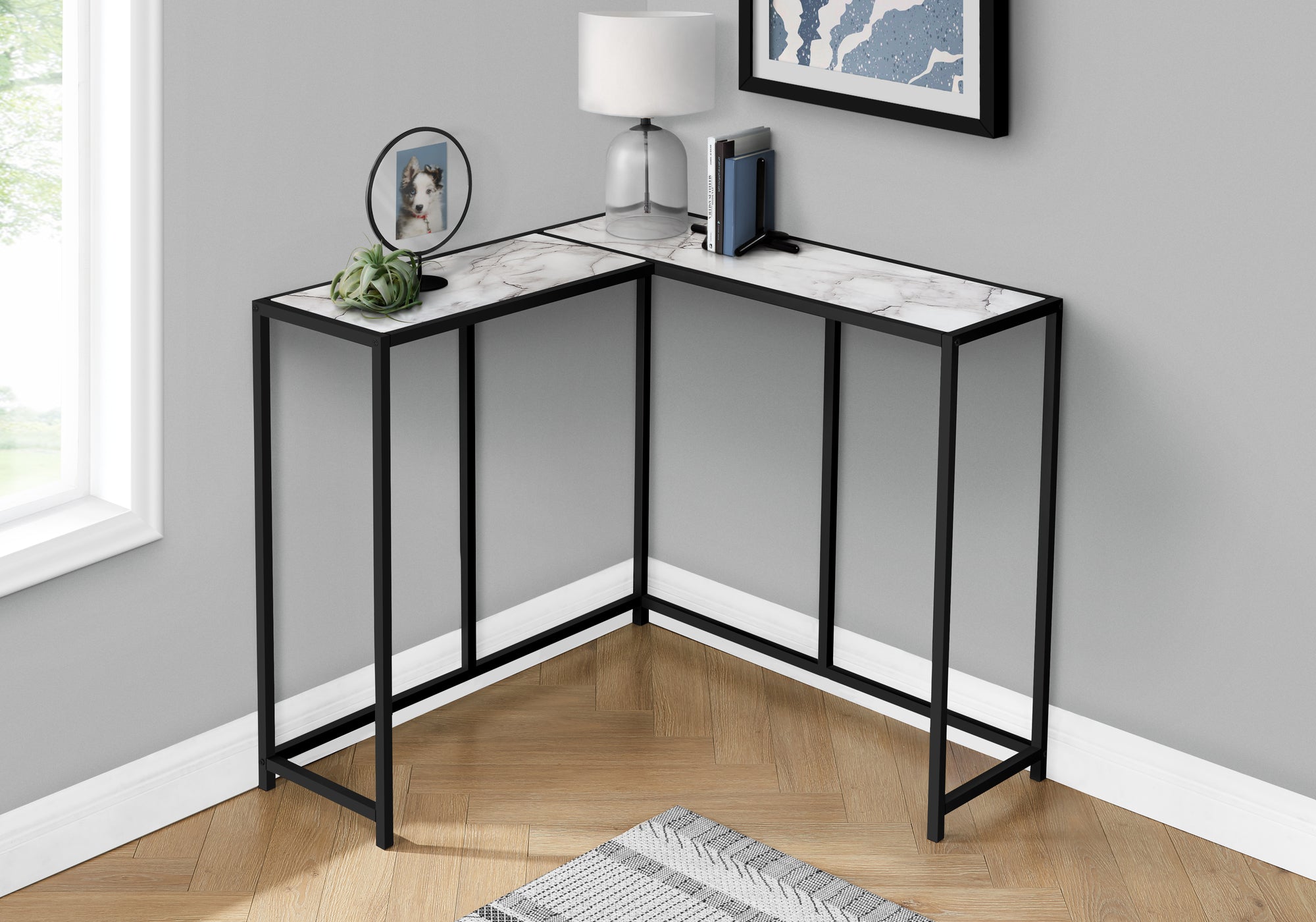 ACCENT TABLE - 36""L / WHITE MARBLE / BLACK CORNER CONSOLE