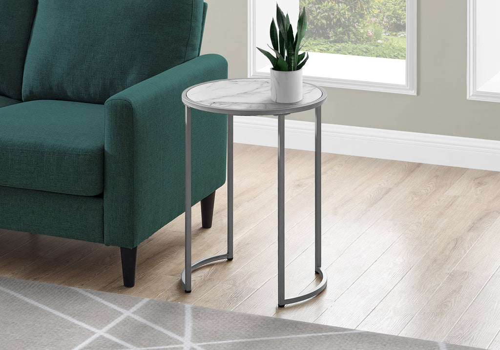ACCENT TABLE - 24""H / WHITE MARBLE-LOOK / SILVER METAL