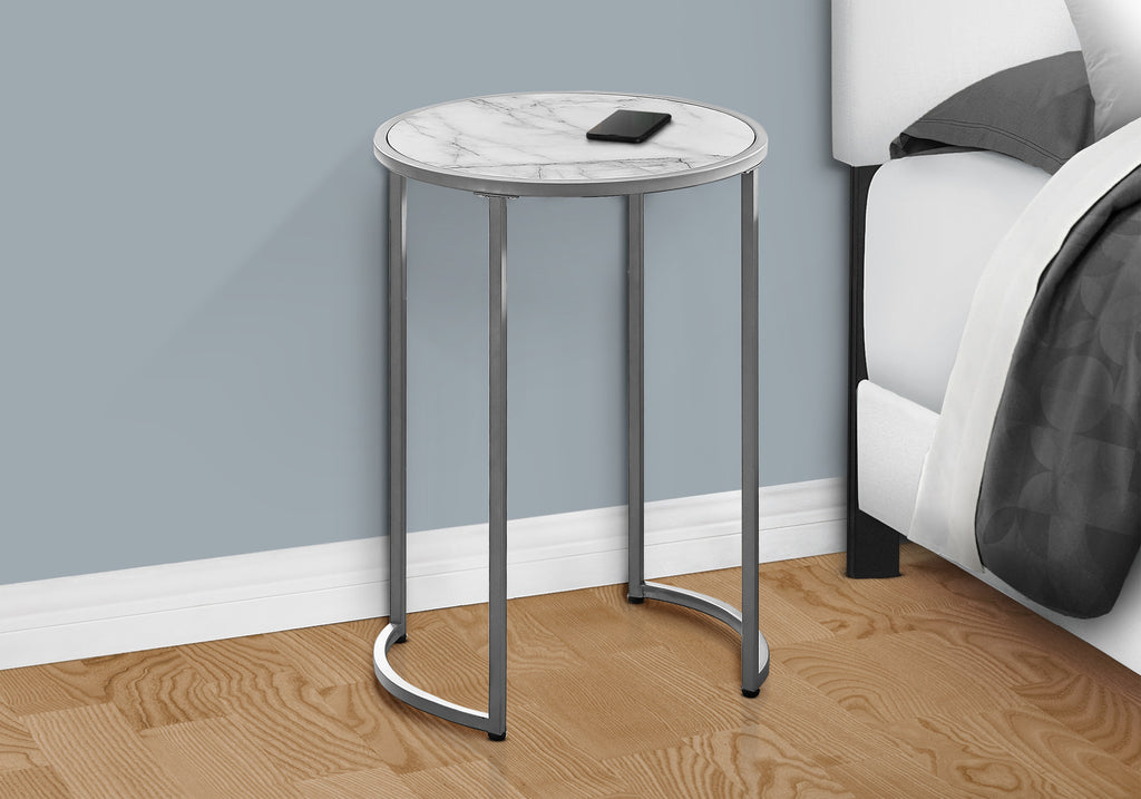 ACCENT TABLE - 24""H / WHITE MARBLE-LOOK / SILVER METAL