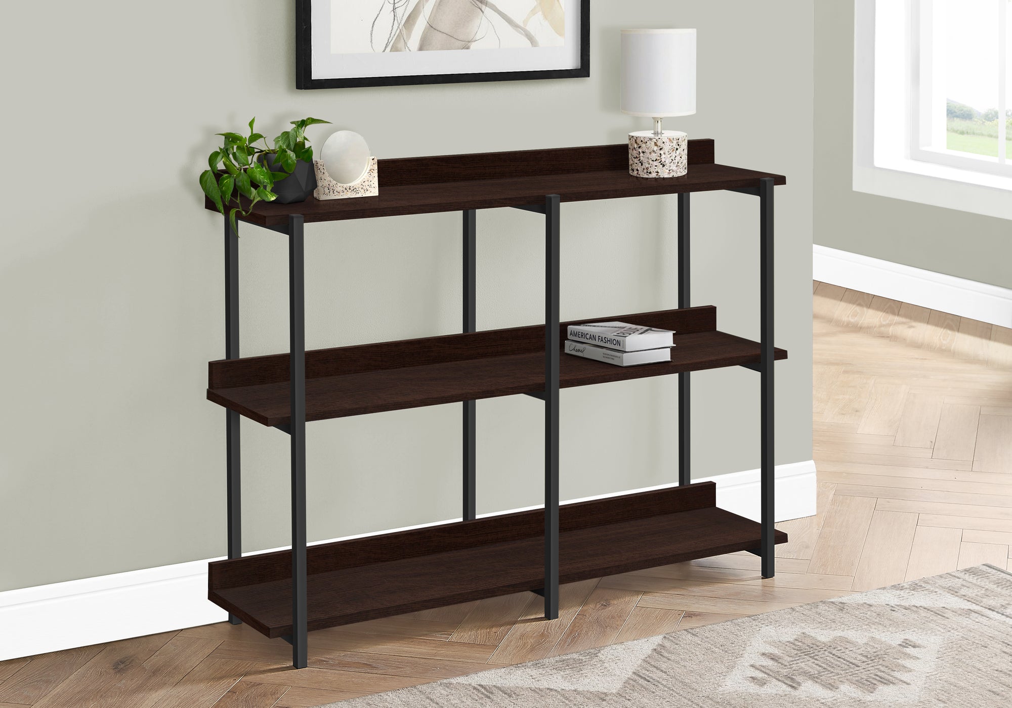 ACCENT TABLE - 48""L / ESPRESSO / BLACK METAL HALL CONSOLE