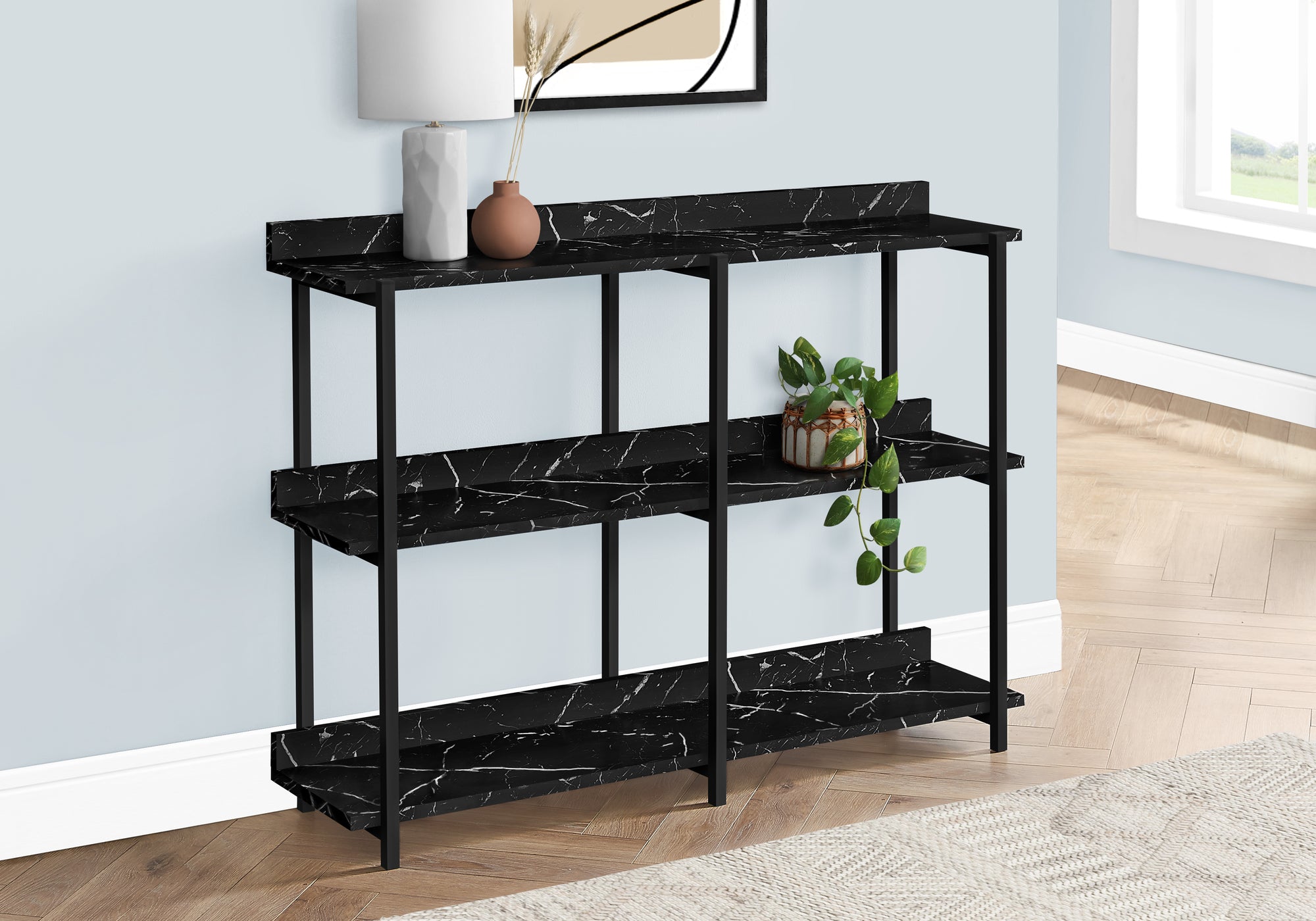 ACCENT TABLE - 48""L / BLACK MARBLE / BLACK METAL CONSOLE