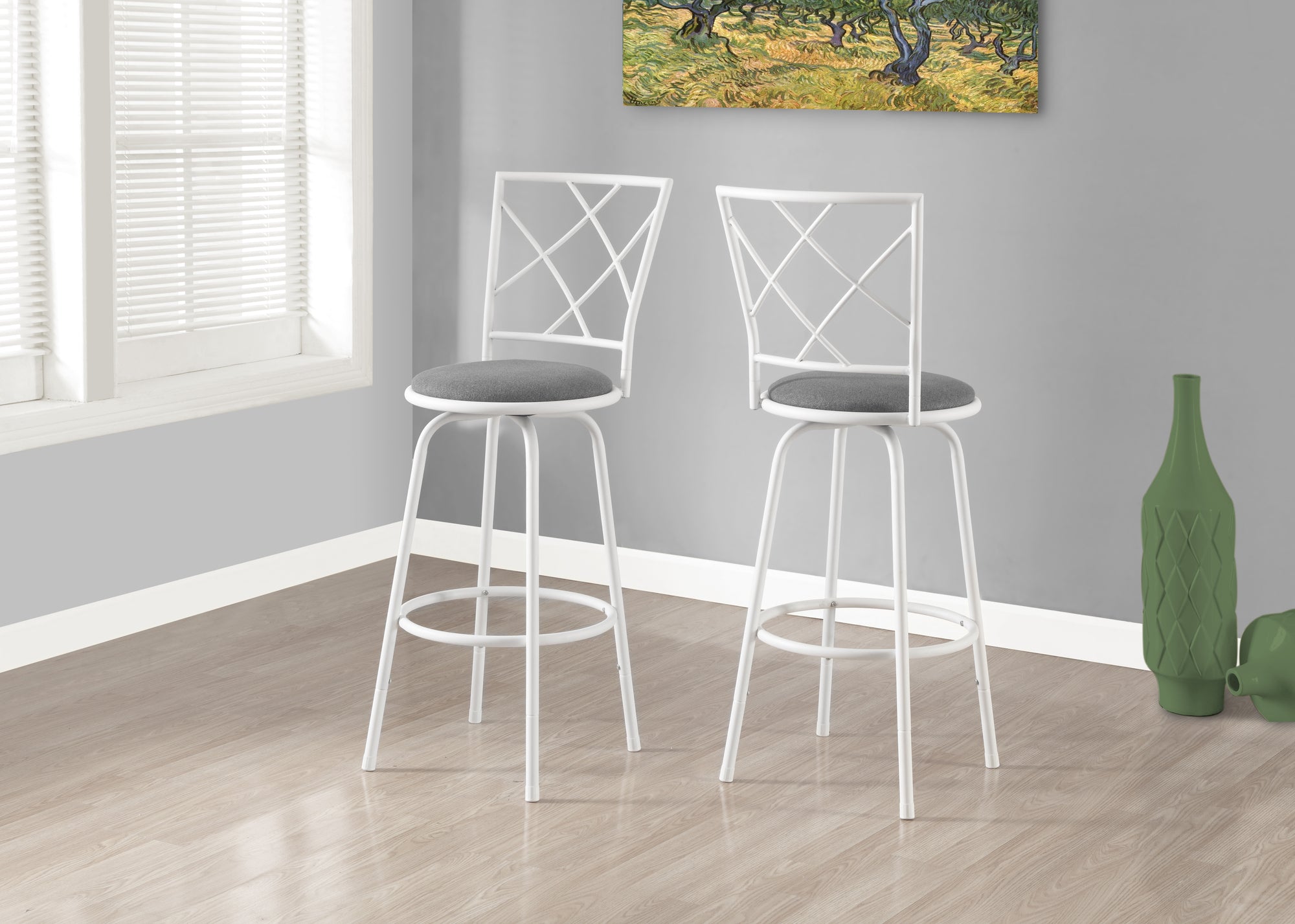 BARSTOOL - 2PCS / SWIVEL / WHITE / GREY FABRIC SEAT