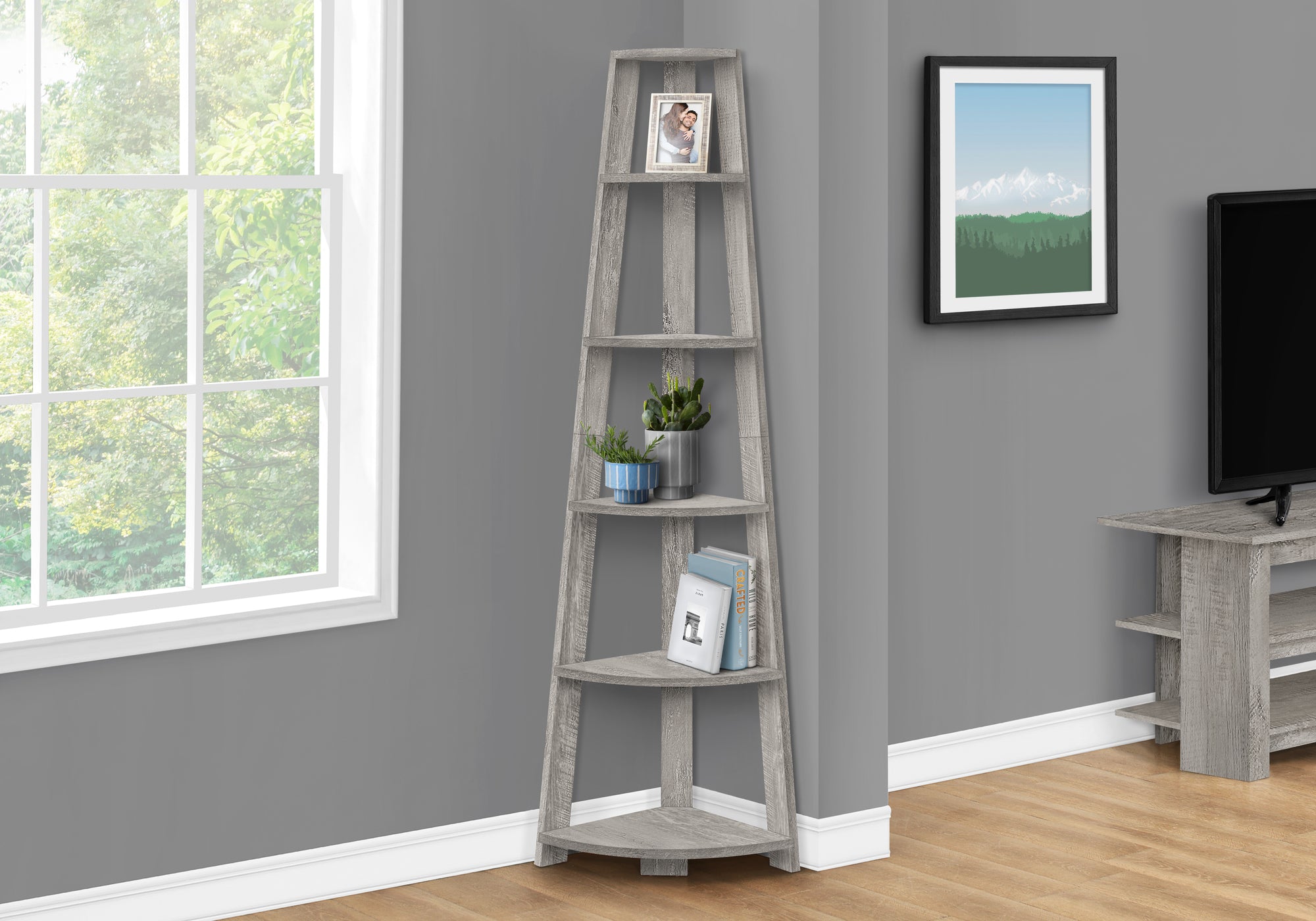 BOOKCASE - 72""""H / INDUSTRIAL GREY CORNER ACCENT ETAGERE