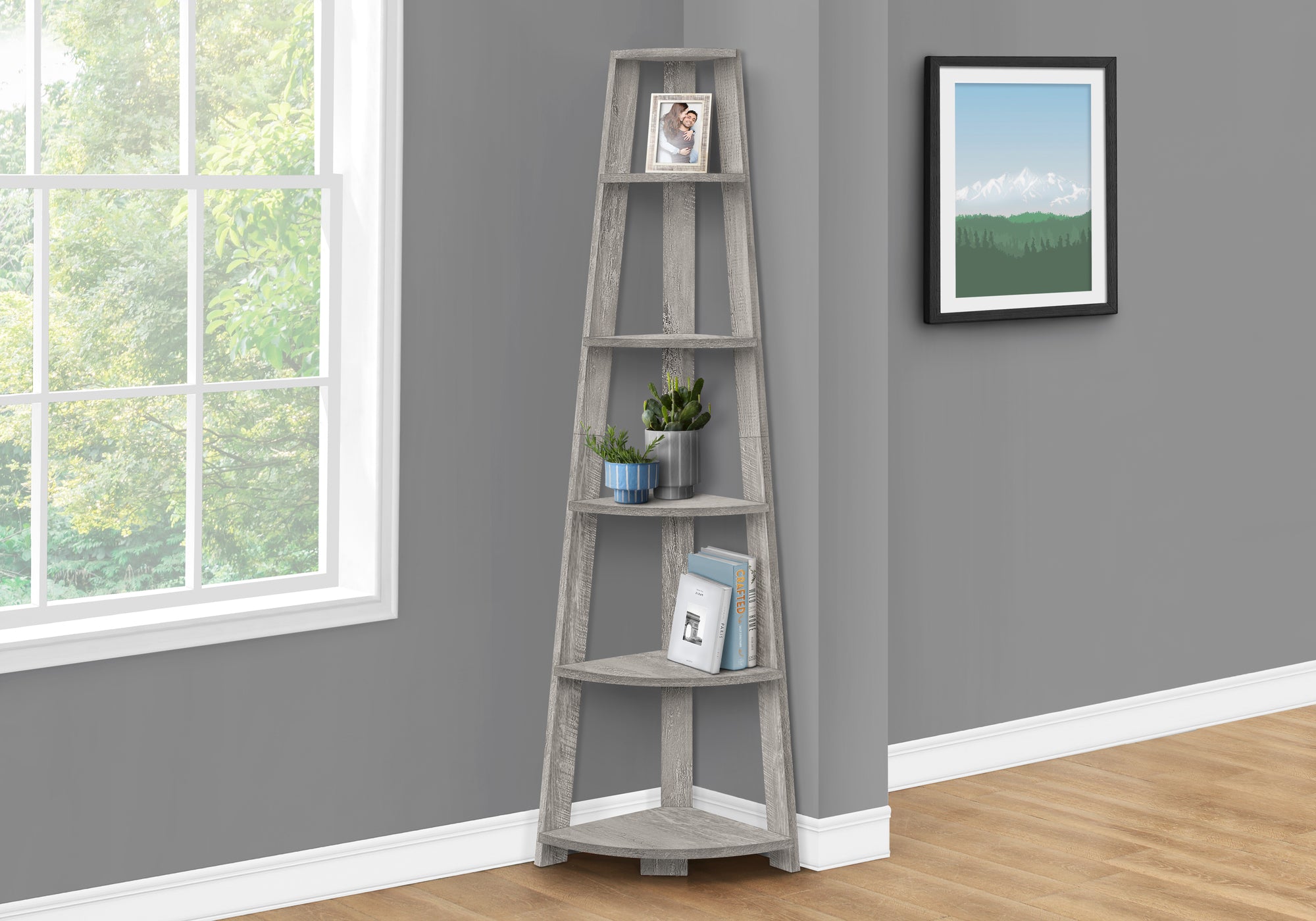 BOOKCASE - 72""""H / INDUSTRIAL GREY CORNER ACCENT ETAGERE
