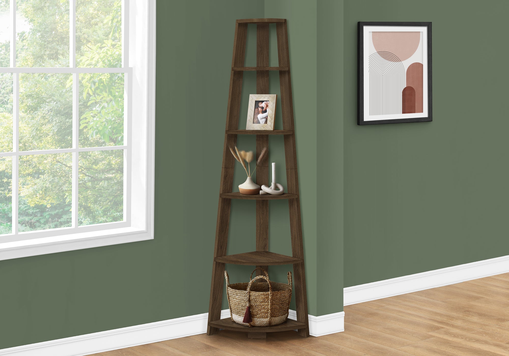 BOOKCASE - 72""""H / DARK WALNUT CORNER ACCENT ETAGERE