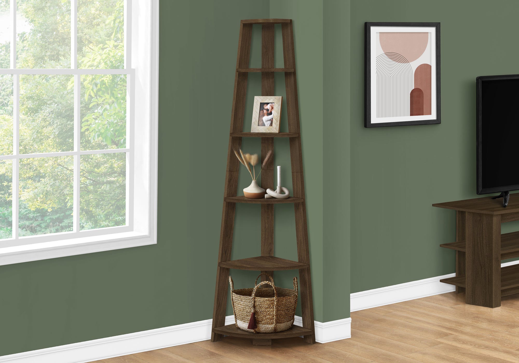 BOOKCASE - 72""""H / DARK WALNUT CORNER ACCENT ETAGERE