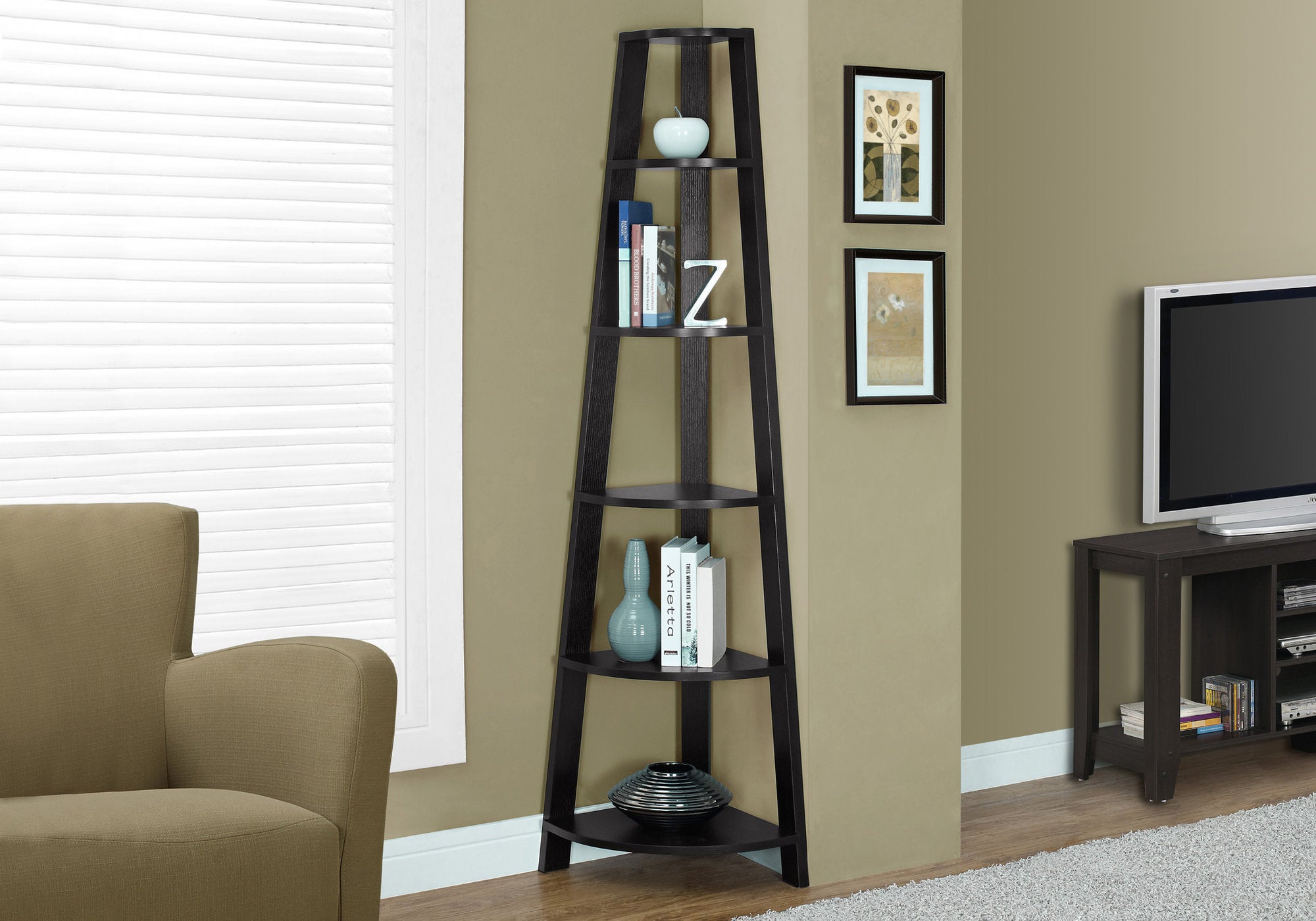 BOOKCASE - 72""""H / ESPRESSO CORNER ACCENT ETAGERE
