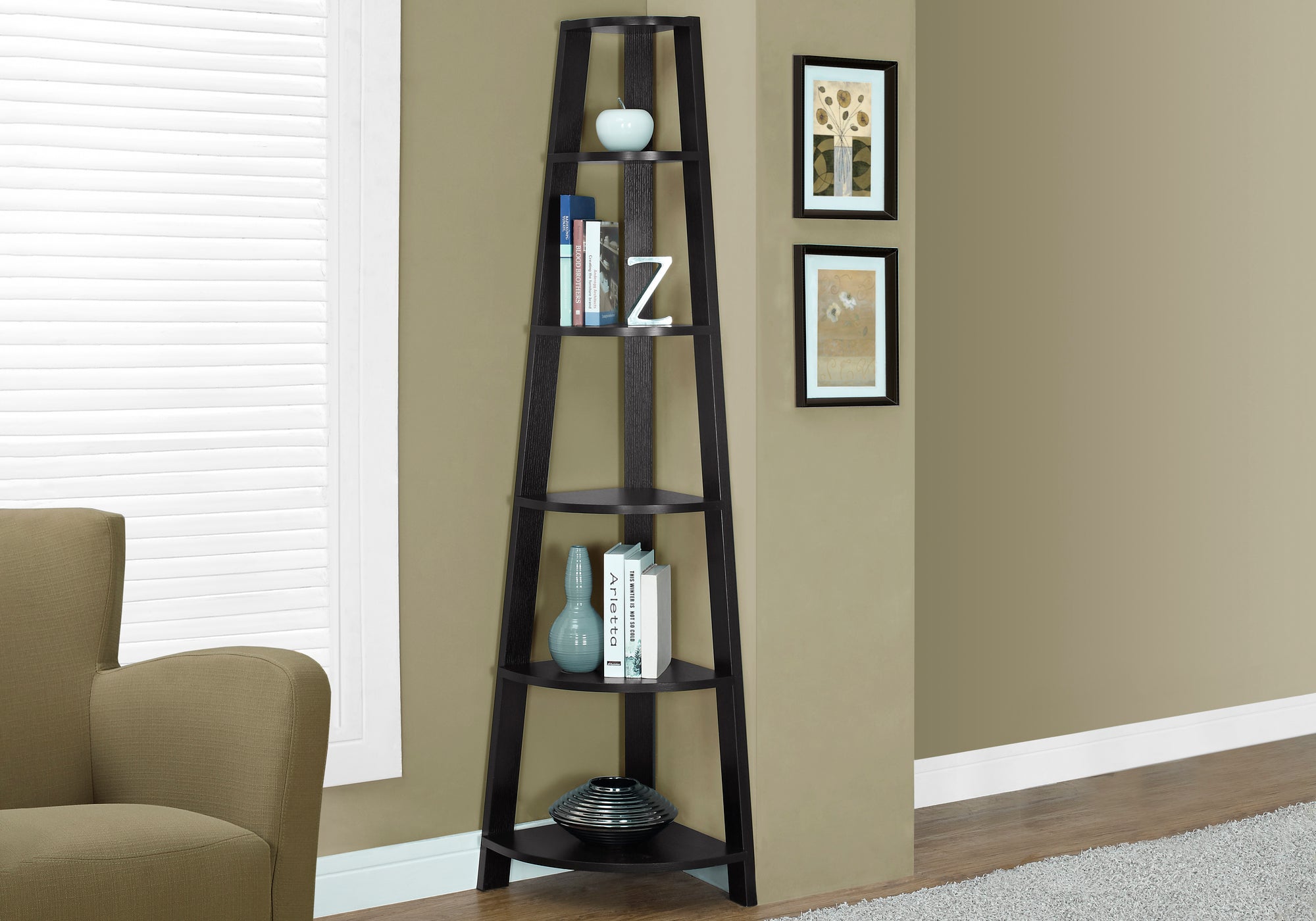 BOOKCASE - 72""""H / ESPRESSO CORNER ACCENT ETAGERE