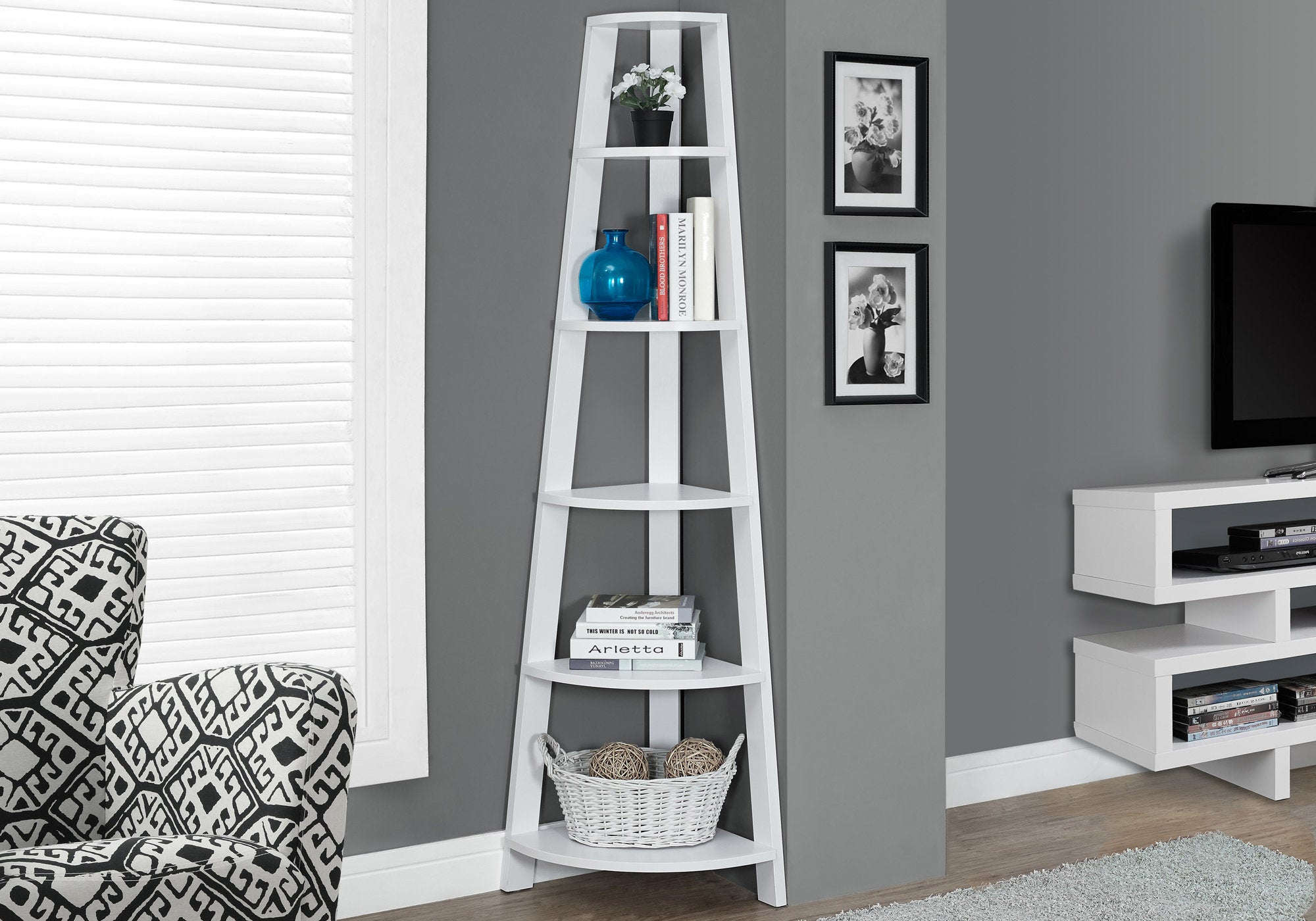 BOOKCASE - 72""H / WHITE CORNER ACCENT ETAGERE
