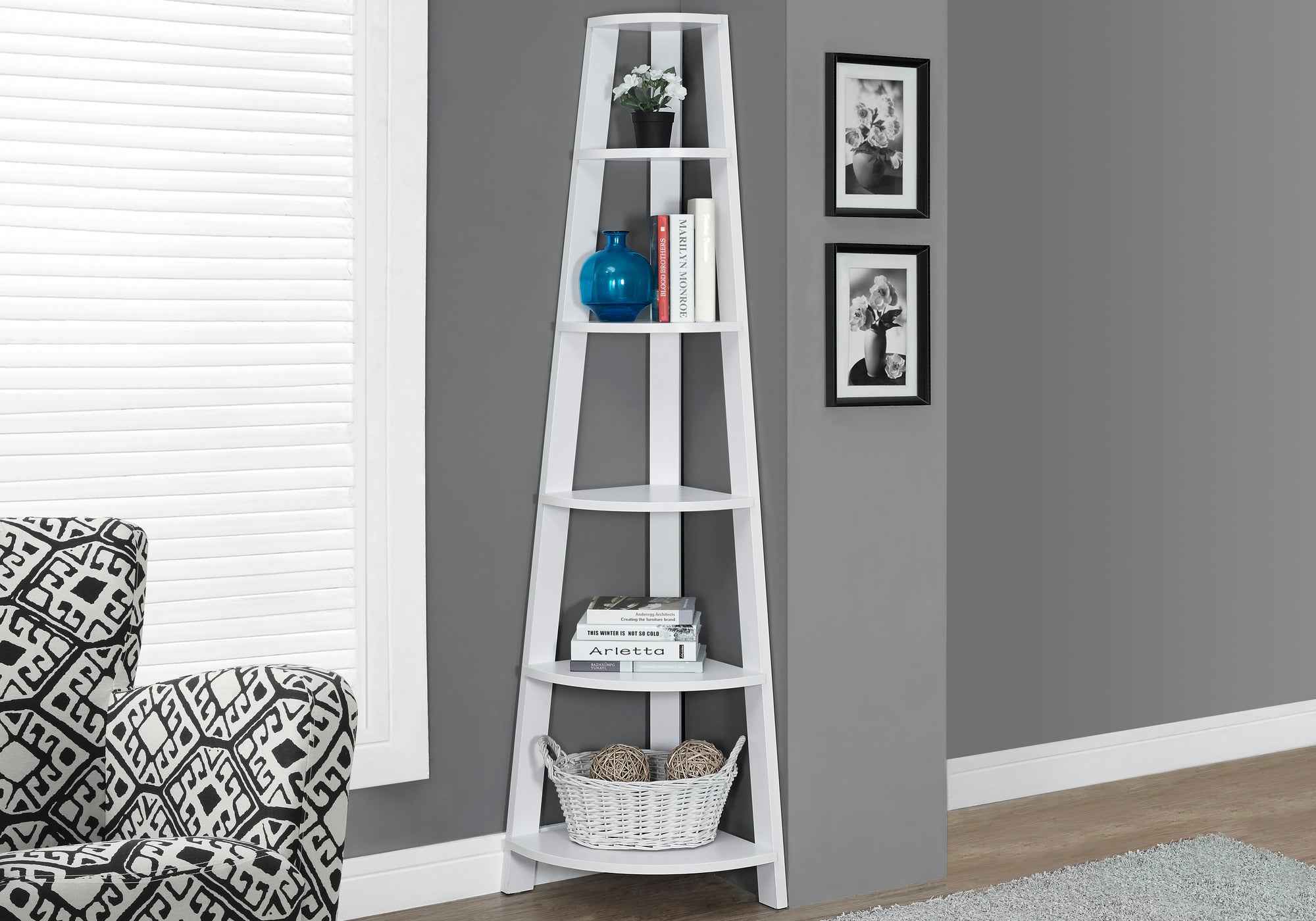 BOOKCASE - 72""H / WHITE CORNER ACCENT ETAGERE