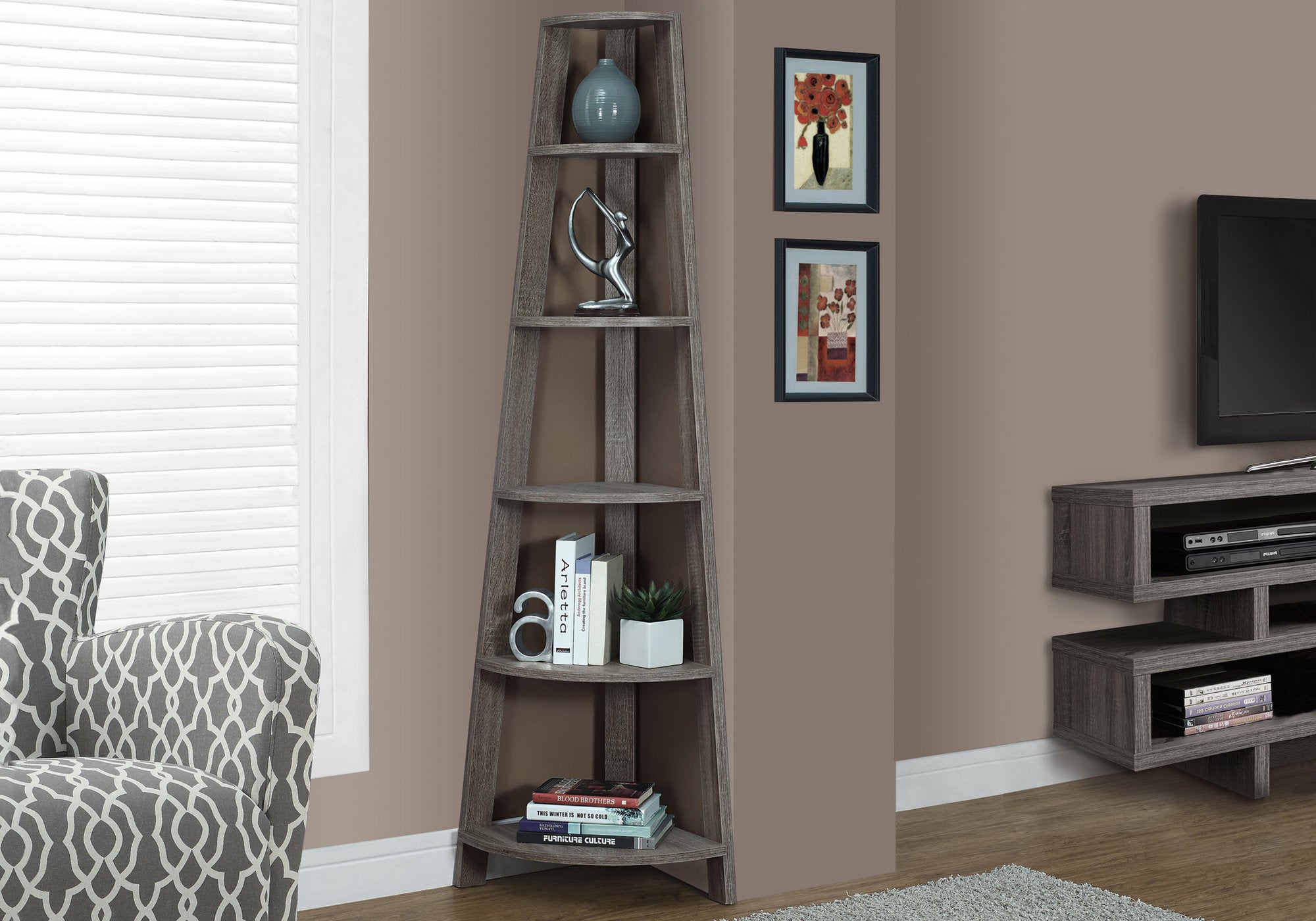 BOOKCASE - 72""H / DARK TAUPE CORNER ACCENT ETAGERE