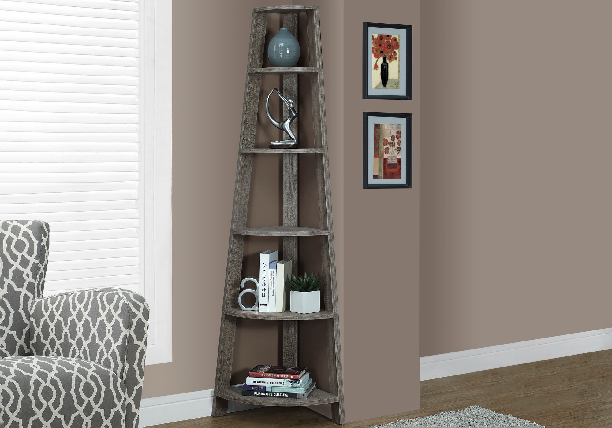 BOOKCASE - 72""H / DARK TAUPE CORNER ACCENT ETAGERE
