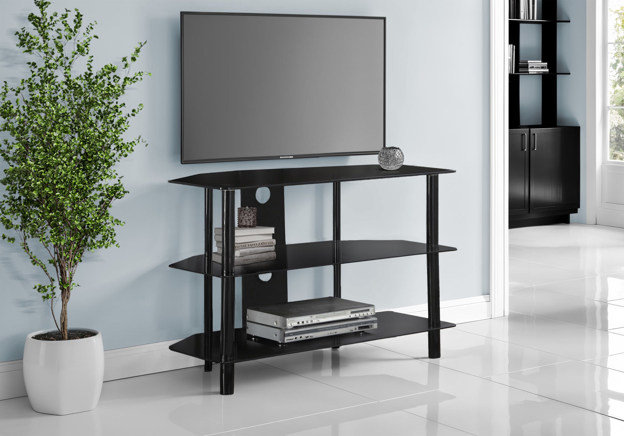 TV STAND - 36""L / BLACK METAL WITH TEMPERED BLACK GLASS