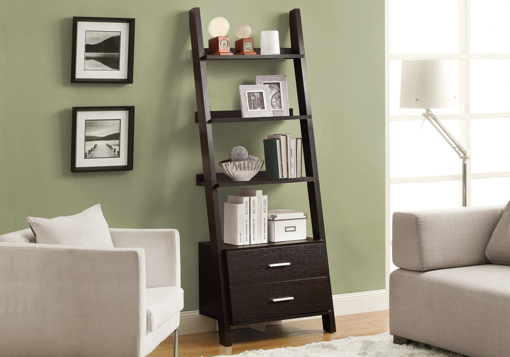 BOOKCASE - 69""H / ESPRESSO LADDER W/ 2 STORAGE DRAWERS