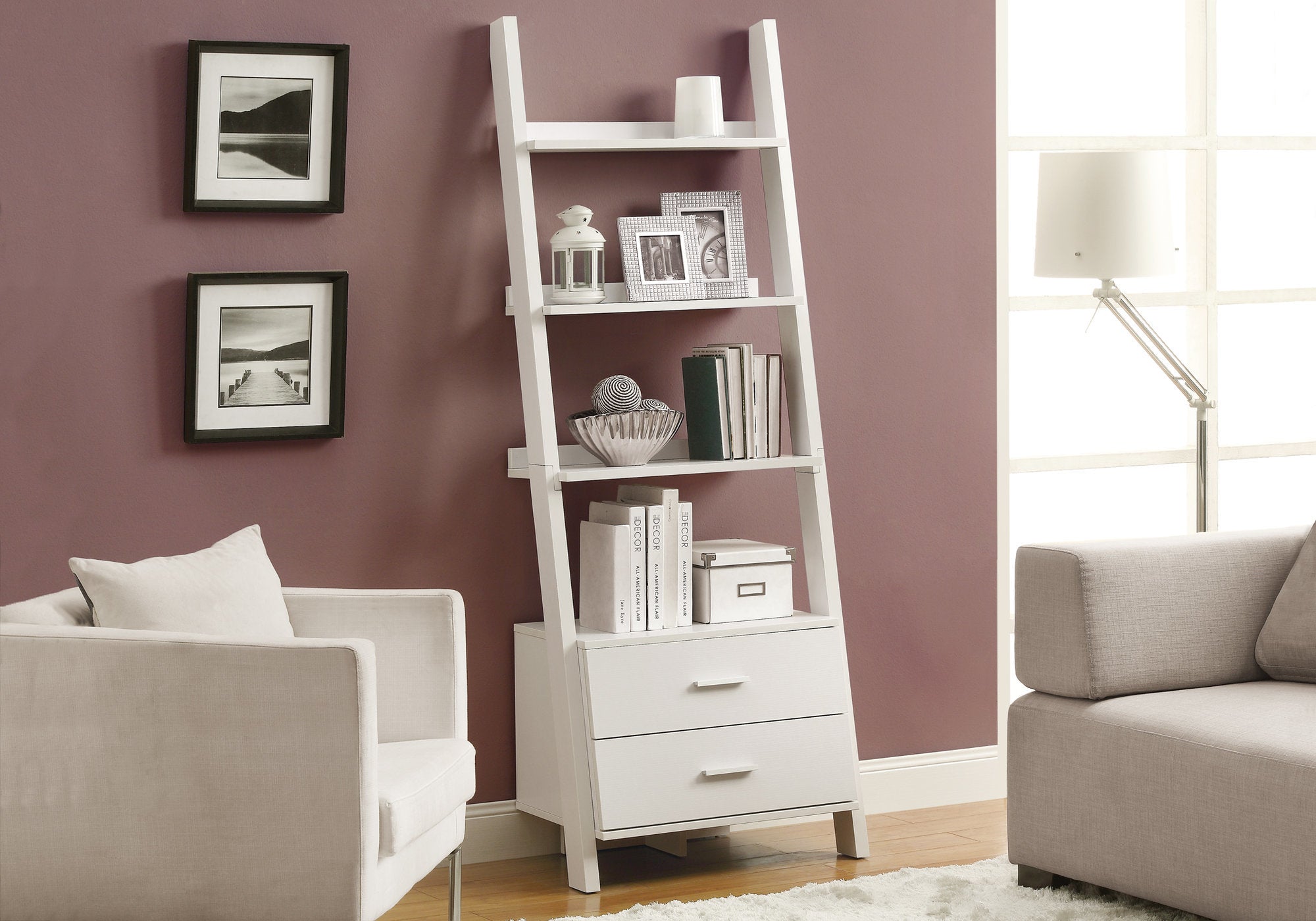 BOOKCASE - 69""H / WHITE LADDER WITH 2 STORAGE DRAWERS