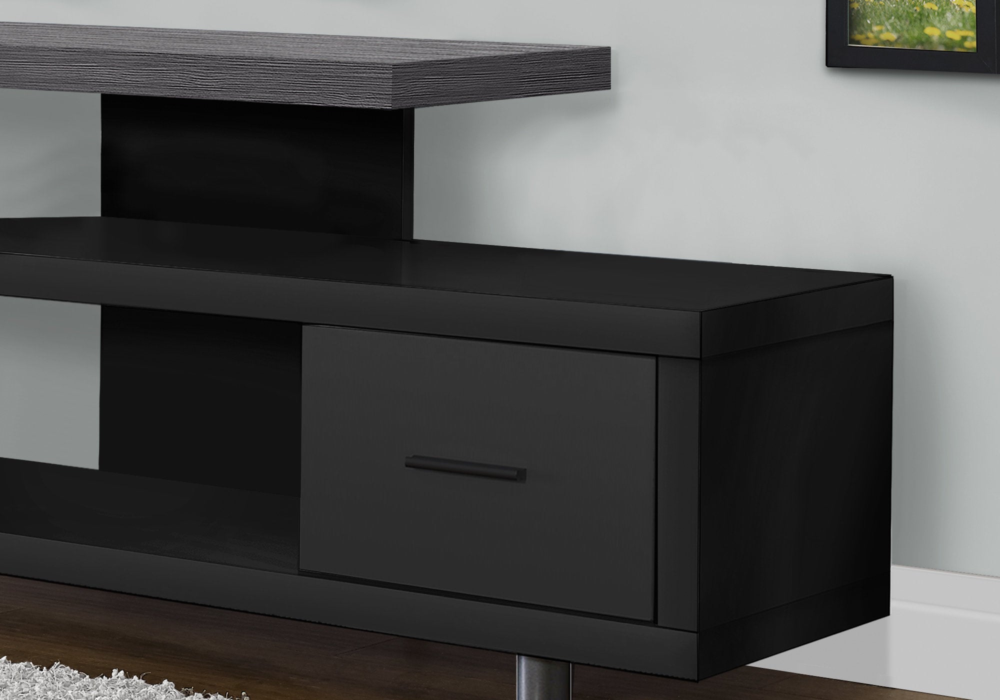 TV STAND - 60""L / BLACK / GREY TOP WITH 1 DRAWER
