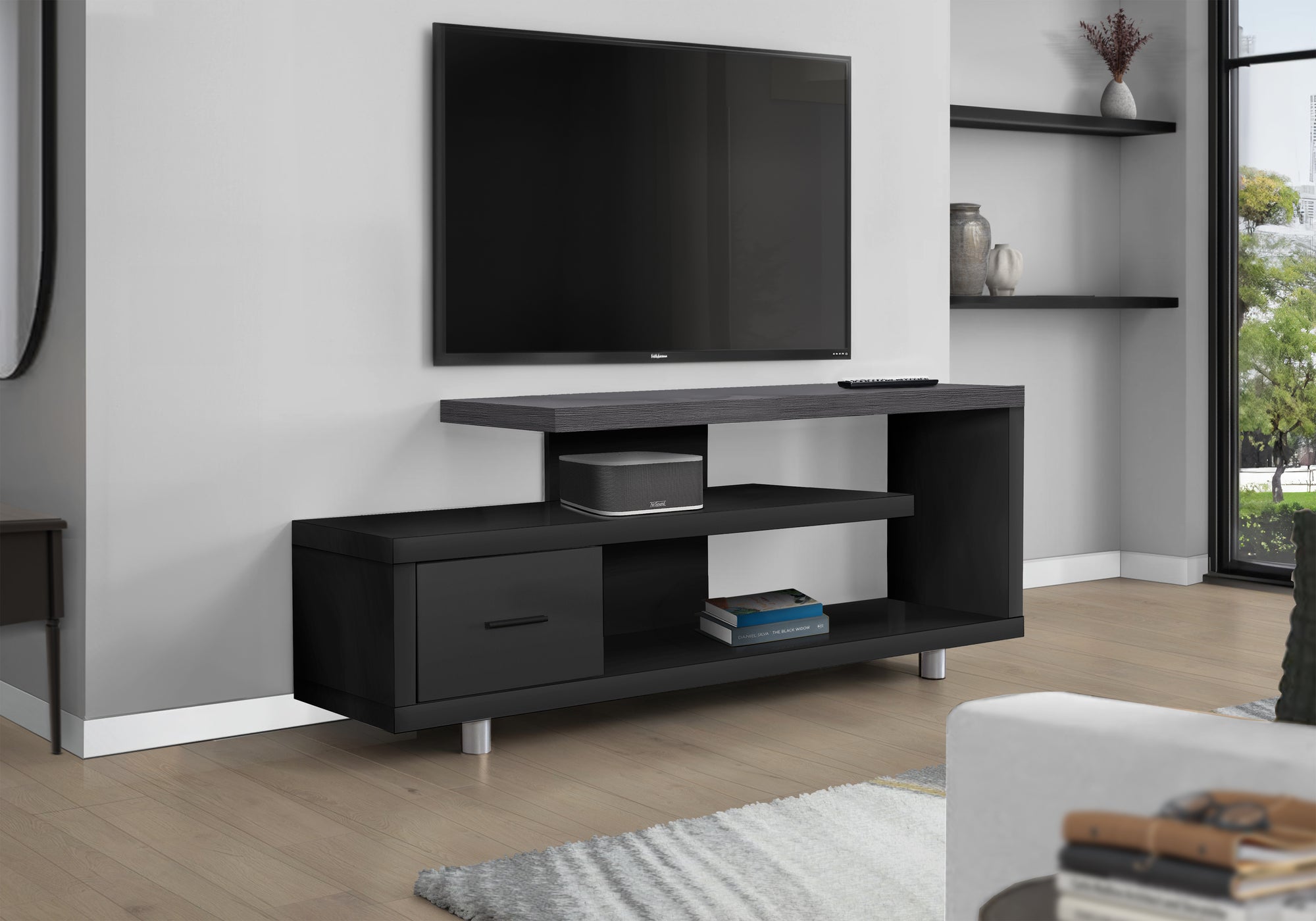 TV STAND - 60""L / BLACK / GREY TOP WITH 1 DRAWER