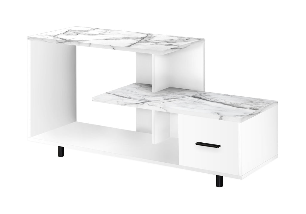 TV STAND - 48""L / WHITE / WHITE MARBLE TOP / 1 DRAWER