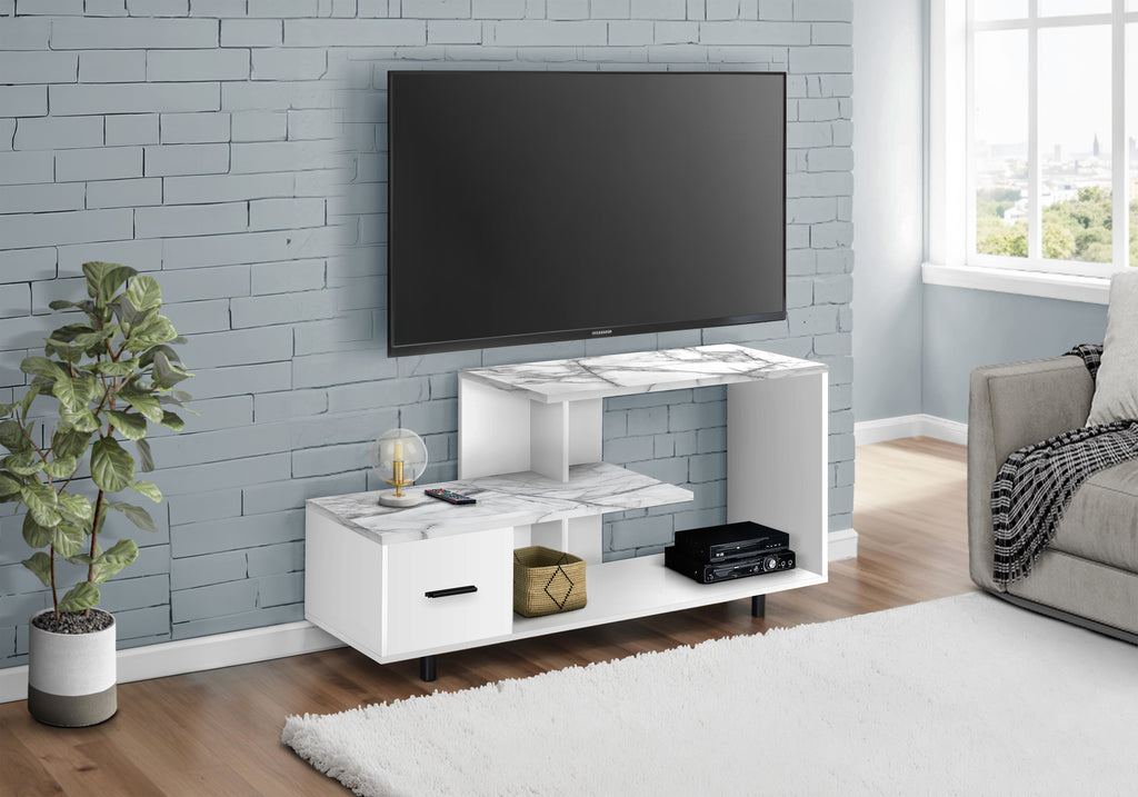 TV STAND - 48""L / WHITE / WHITE MARBLE TOP / 1 DRAWER