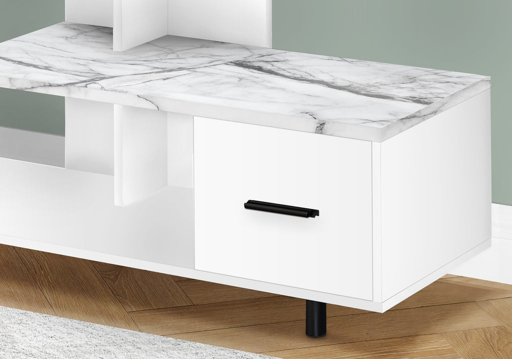 TV STAND - 48""L / WHITE / WHITE MARBLE TOP / 1 DRAWER