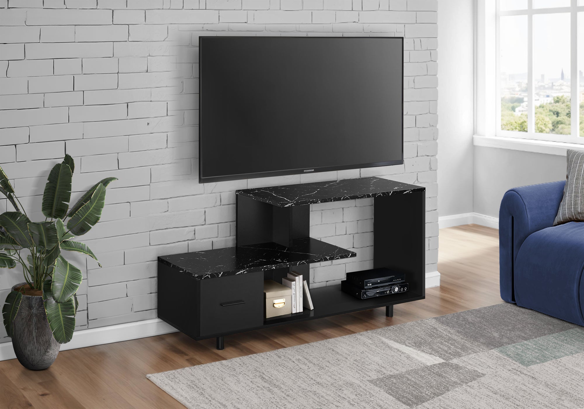 TV STAND - 48""L / BLACK / BLACK MARBLE TOP / 1 DRAWER